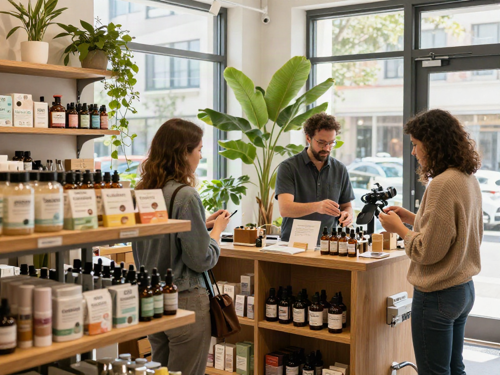 Entspanntes Ambiente im CBD Sonderposten Shop, Kunden erkunden reduzierte CBD Produkte.