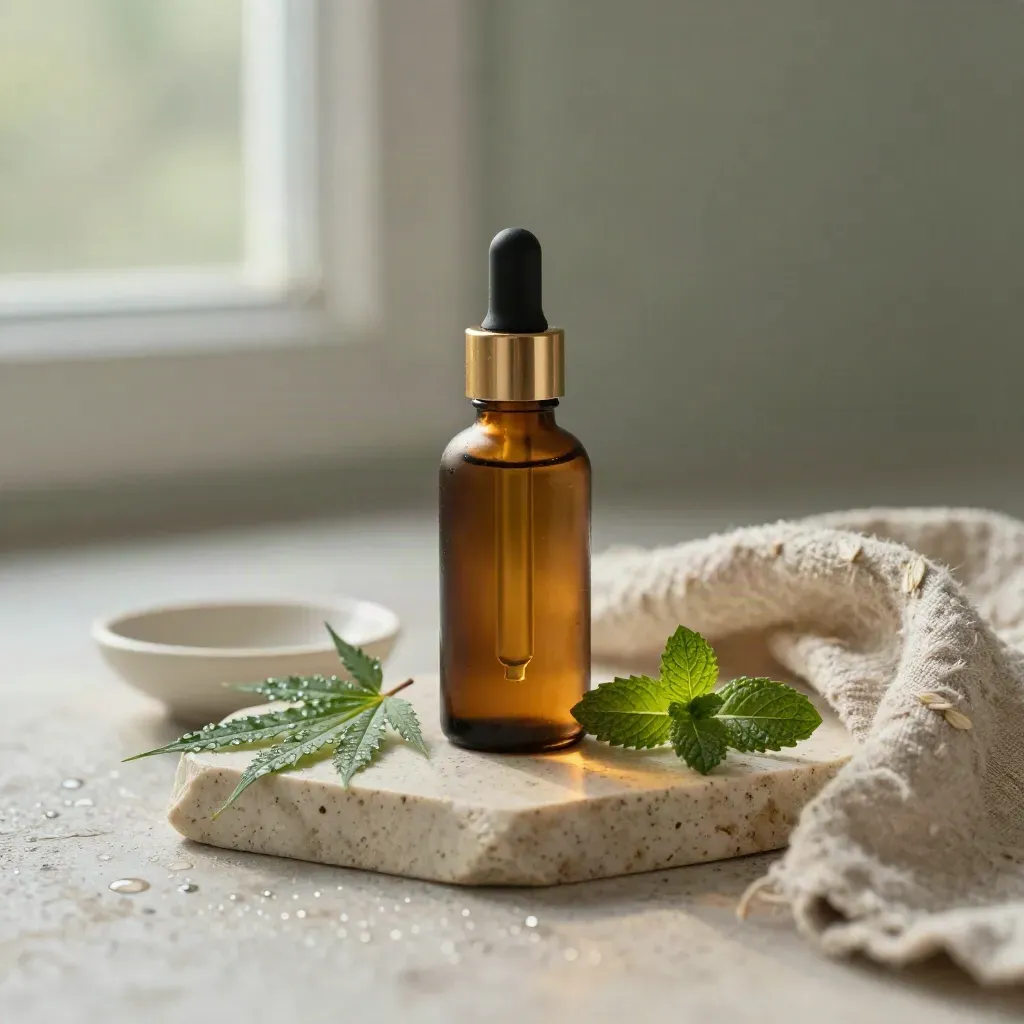 Amber CBD oil bottle with mint, hemp leaves, dish and linen on travertine in soft post-rain light.