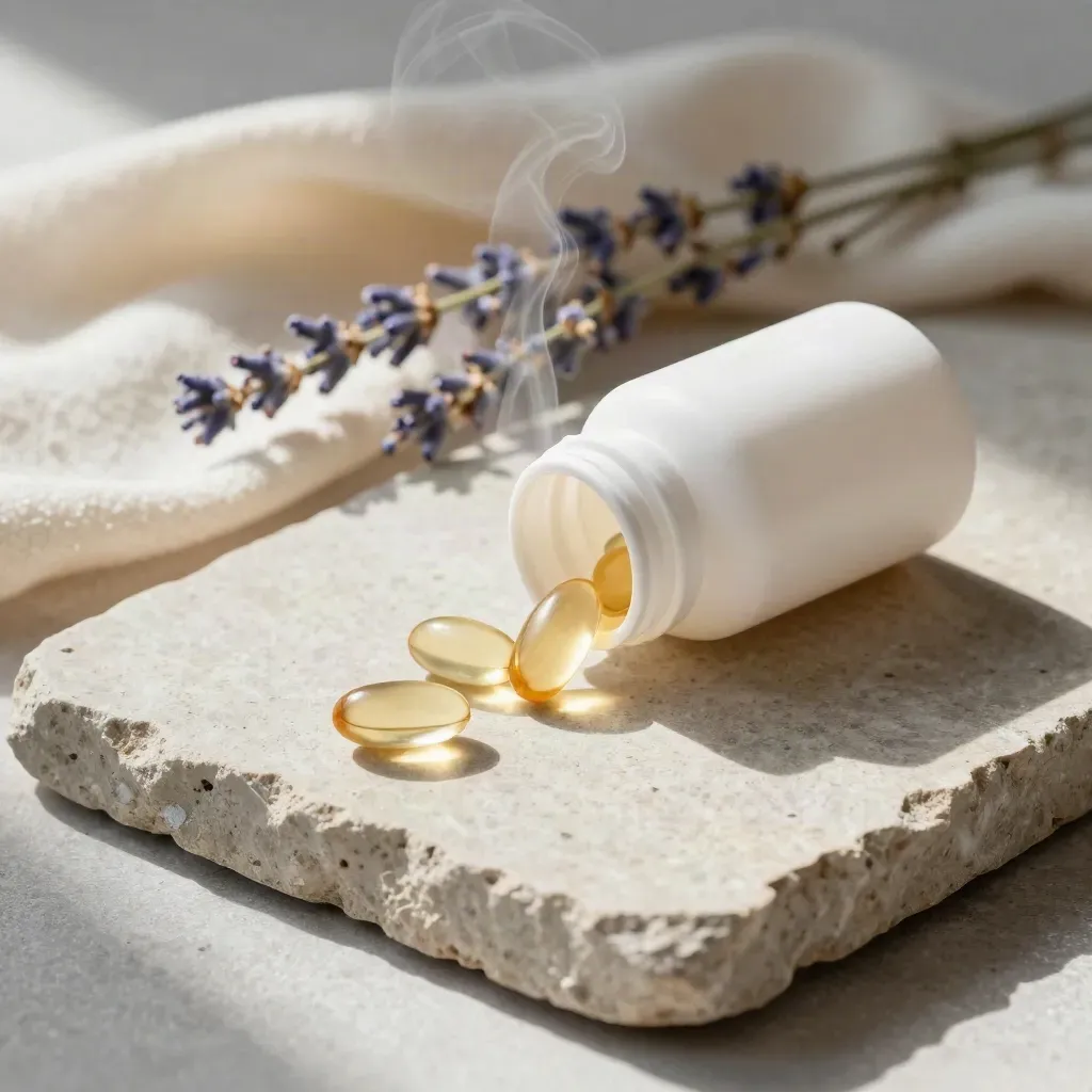 Unmarked sleep-softgel bottle with capsules, wool cloth and lavender on chalky stone.