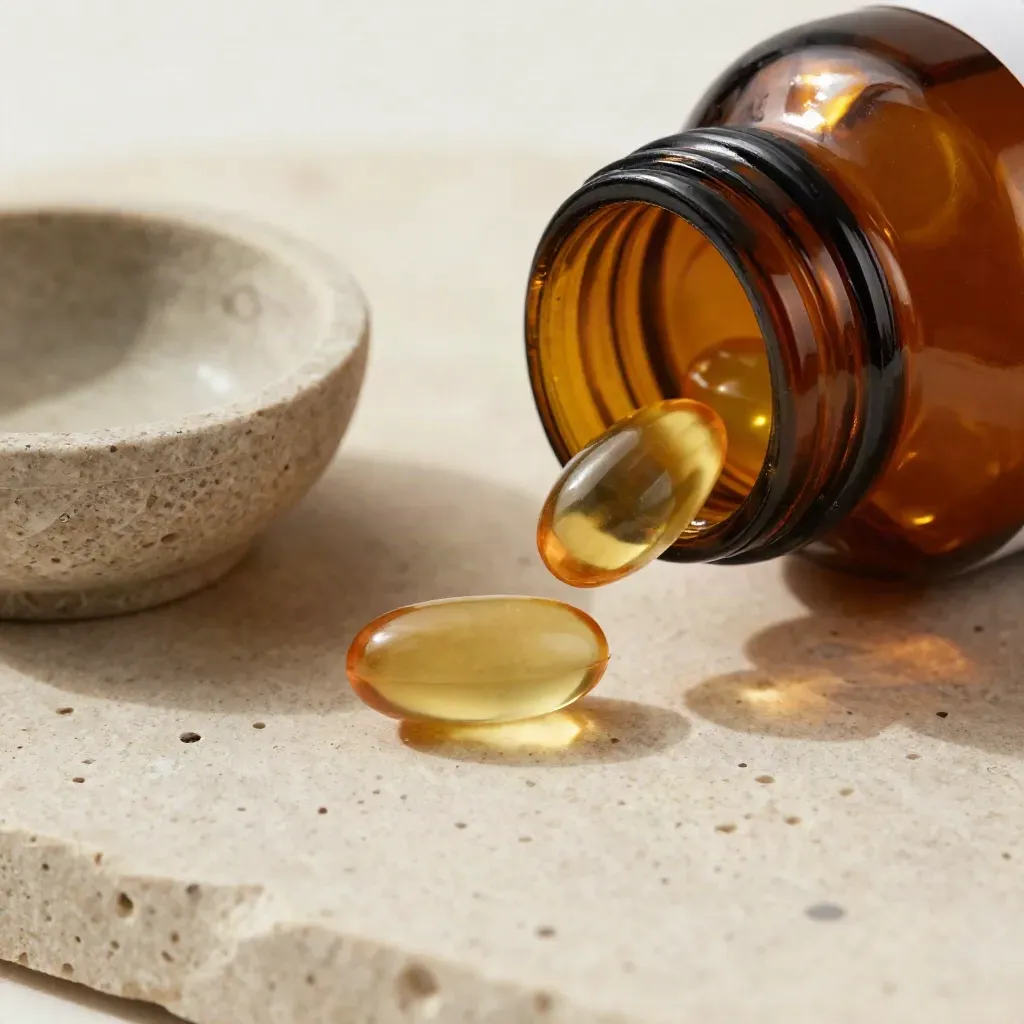 Amber CBD capsule bottle with softgels and a small stone bowl on limestone