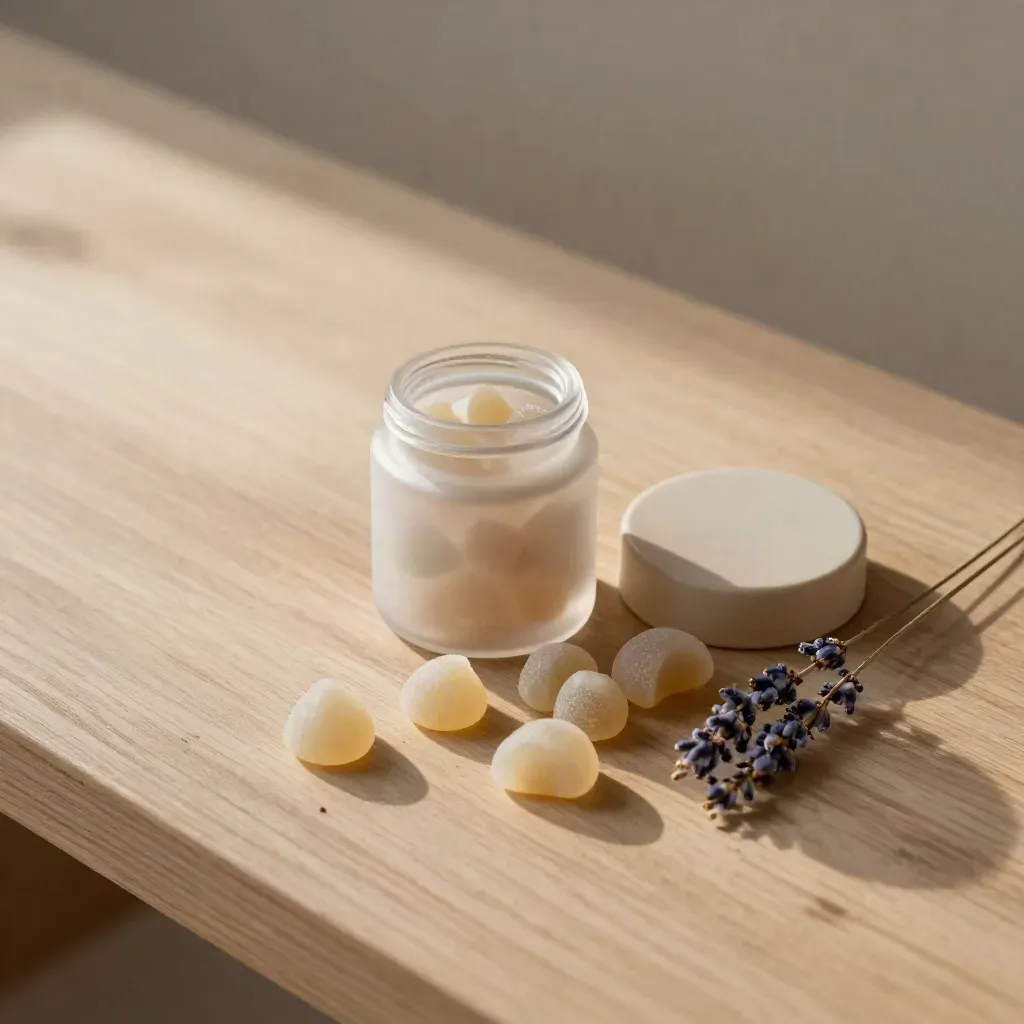 Overhead flatlay of sleep gummies, lavender, and a frosted jar on pale wood