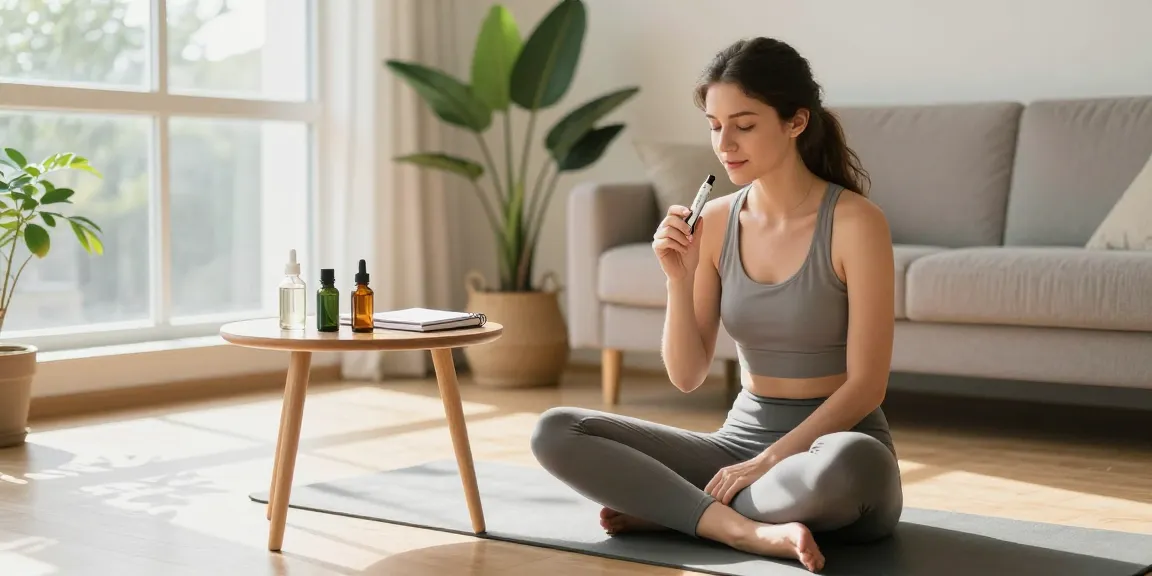 Using a muha meds disposable vape pen during a peaceful wellness routine with CBD oil in a relaxed living room.